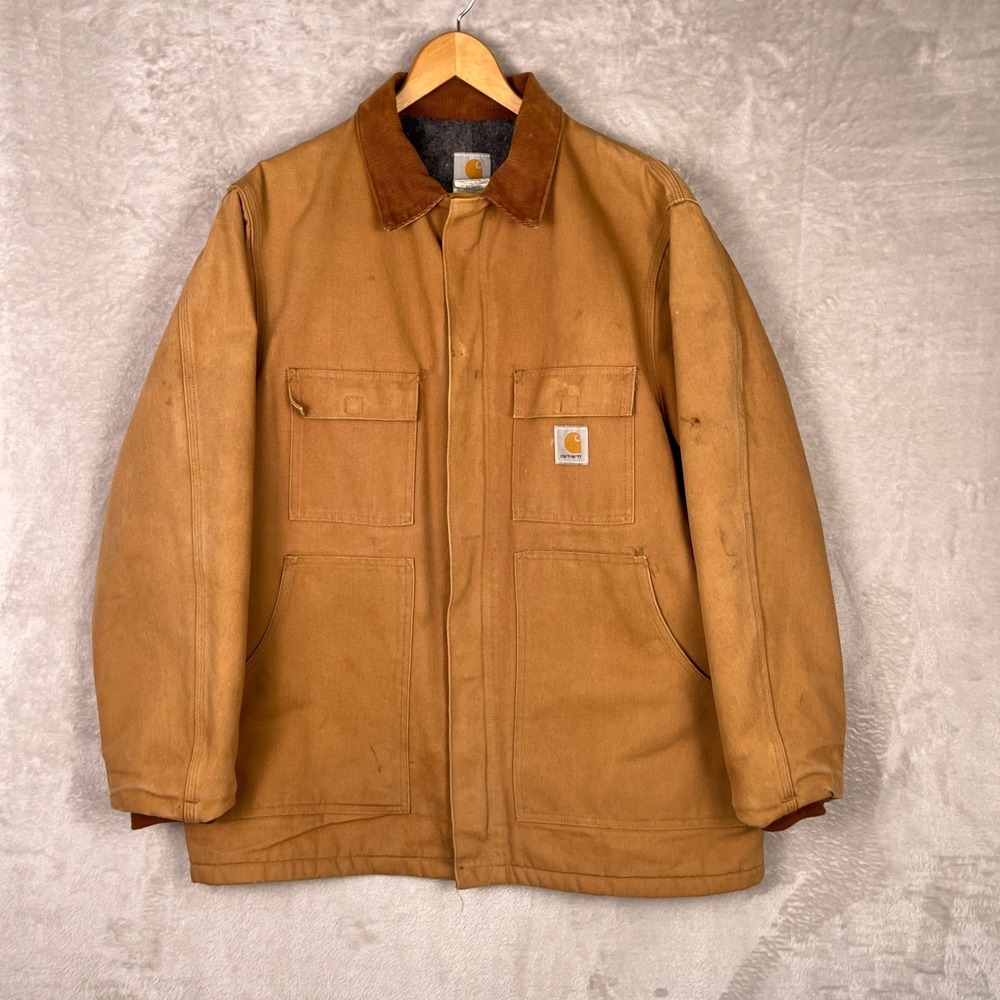 Vintage Carhartt Chore Barn Coat C04BRN 46 Tan Canvas Distressed Blanket Jacket